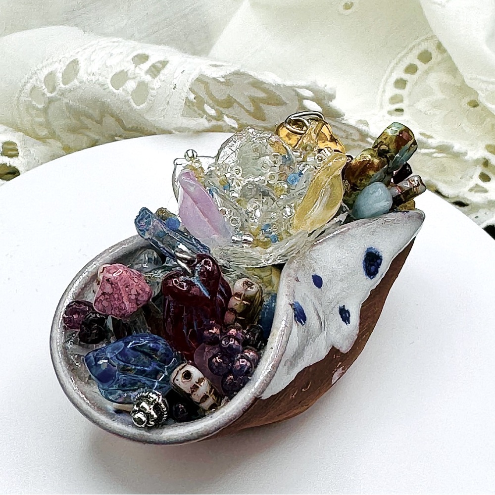 Unique Handmade Clay Pot of Beaded Flowers.
